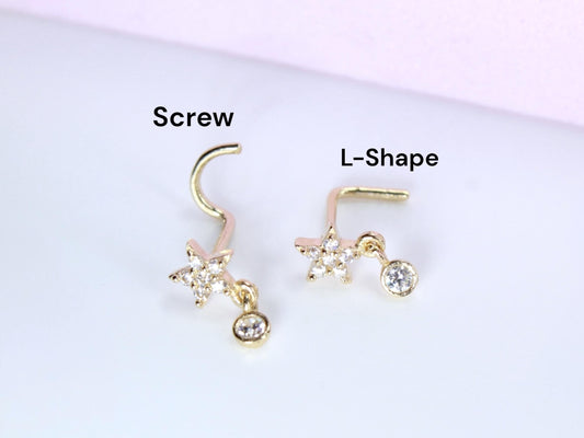 14K Gold Star Nose Stud, 20g Dainty Dangling Star L Shape Corkscrew Nose Stud, Gold Nose Jewelry, L Bend Screw Nose Piercing Ring Jewelry