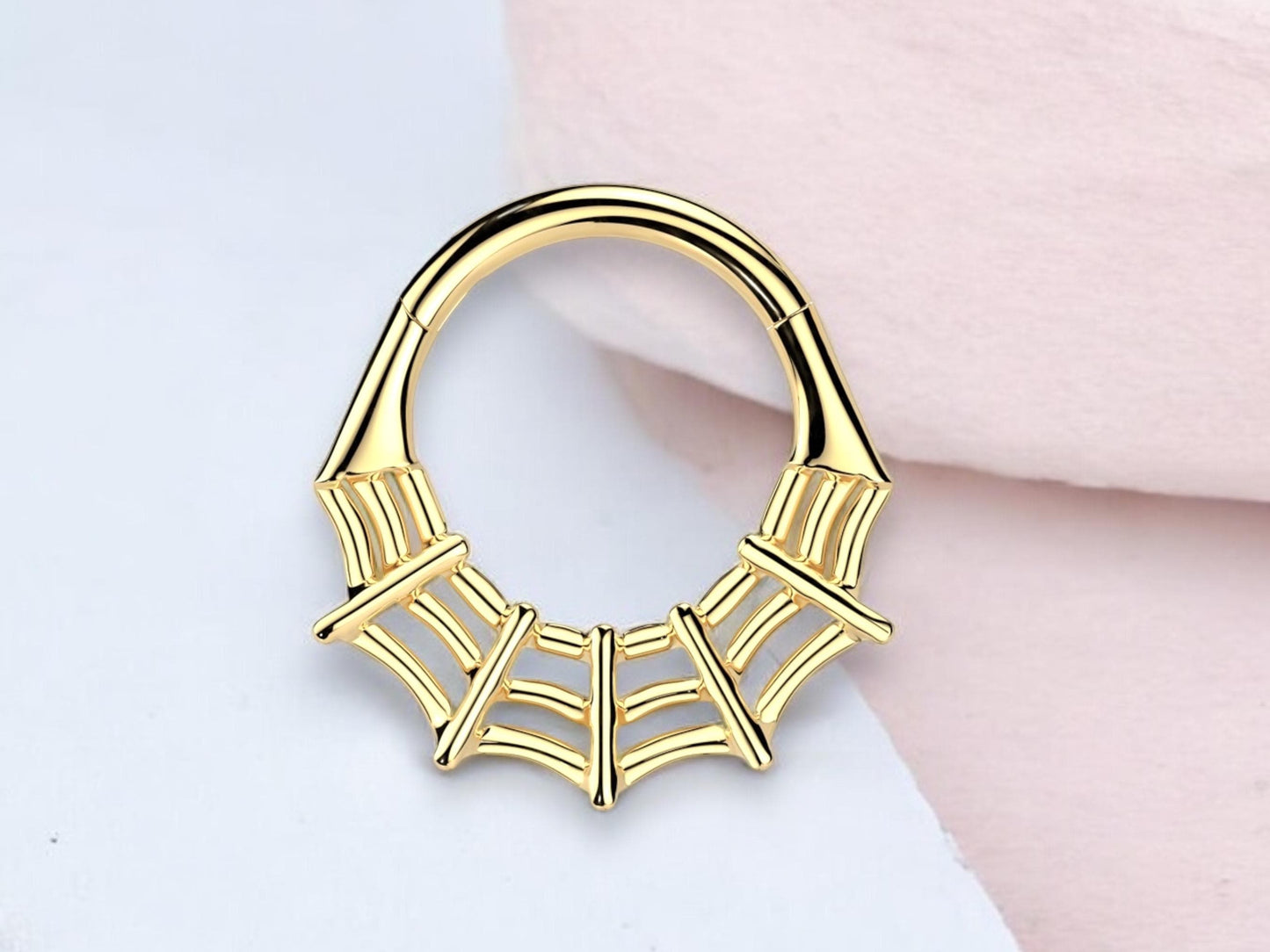 16G Spider Web Septum Clicker Ring, Gold Hinged Segment Septum Hoop Ring, Halloween Body Piercing Jewelry,Spider Daith,Cartilage Hoop