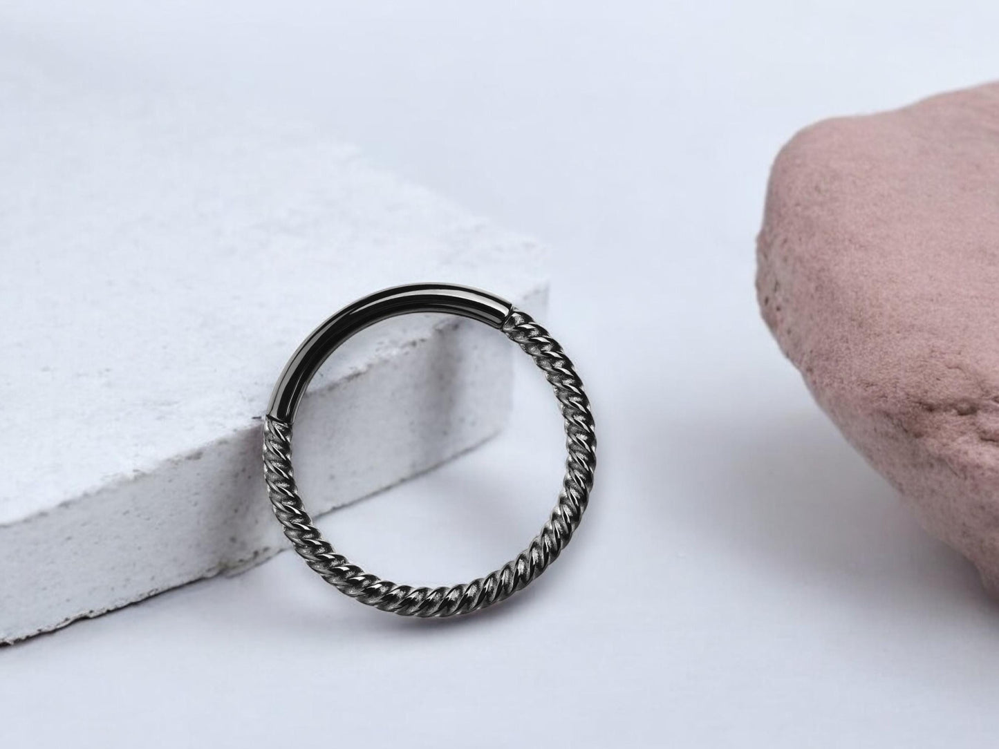 16g Black Septum Hoop Ring, Twisted Rope Style Hinged Hoop Segment Septum Clicker Ring Piercing, Nose Jewelry