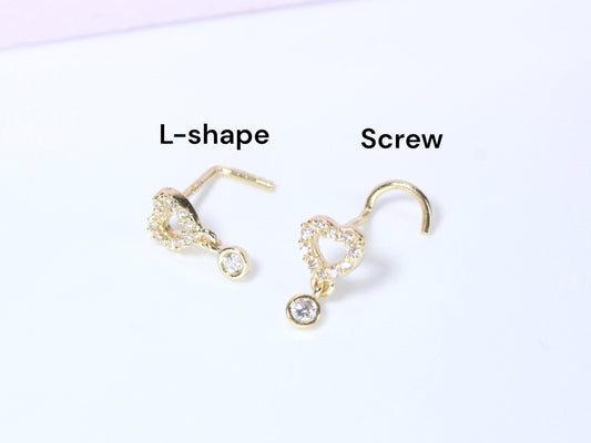 14K Gold Heart Nose Stud, 20g Dainty Dangling Gem L Shape Corkscrew Nose Stud, Gold Nose Jewelry, L Bend Screw Nose Piercing Stud Ring