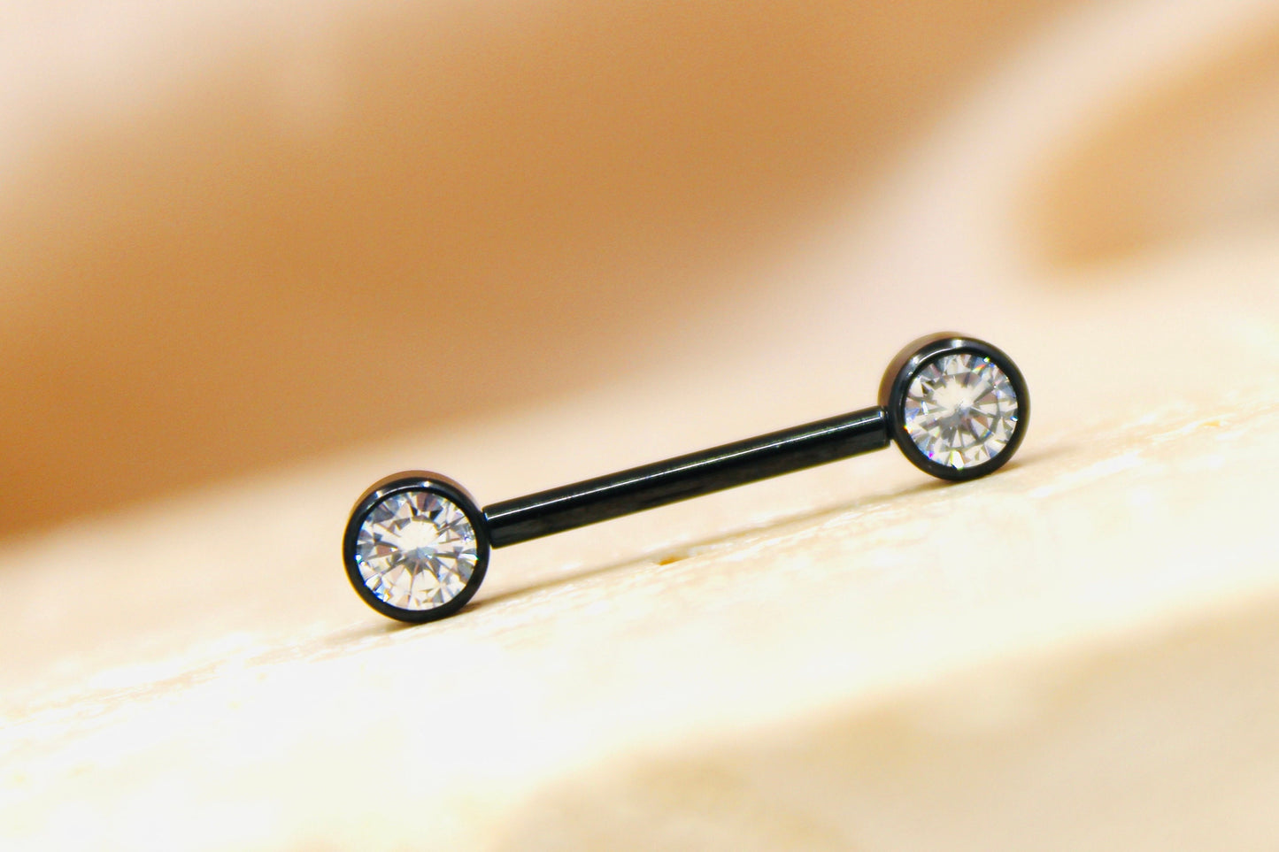 Internally Threaded Titanium Nipple Barbell, Bezel Set Flat Sparkle Gem Black Titanium Nipple Ring Jewelry