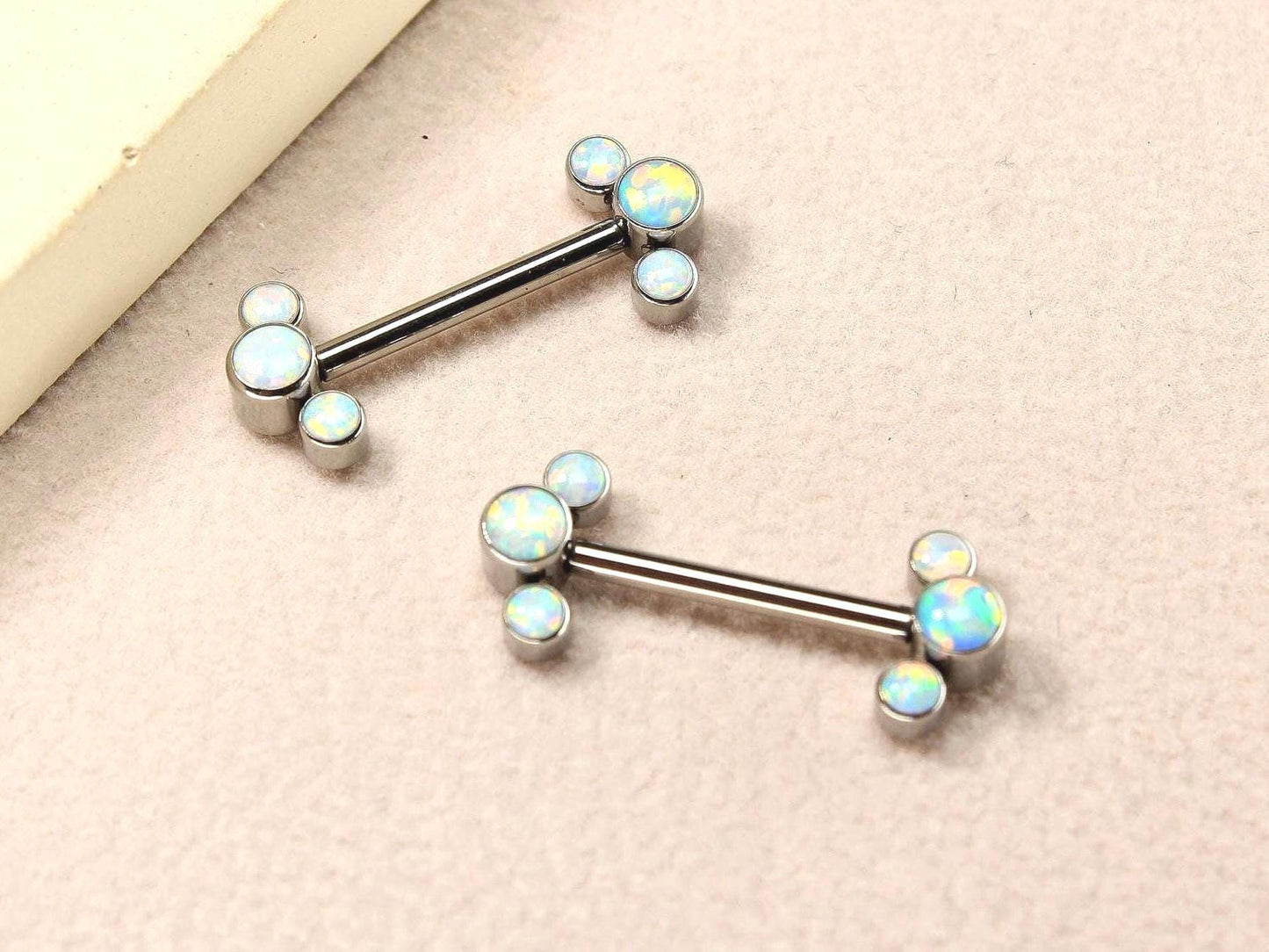 14g Titanium Nipple Barbell, Opal End Nipple Ring Piercing, Minimalist Piercing, Opal Body Jewelry