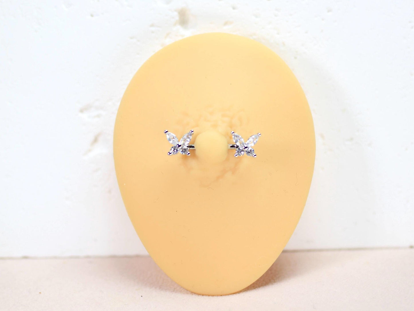 Silver Butterfly Nipple Ring, Dainty Marquise Gem Butterfly Nipple Piercing Barbell, 14g Nipple Ring, Surgical Steel Body Jewelry.