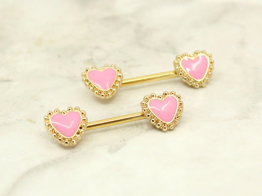NEW • Pink Heart Nipple Barbell, 14g Gold Pink heart Nipple Ring Jewelry, Body Piercing Jewelry, Set of 2 Nipple Jewelry