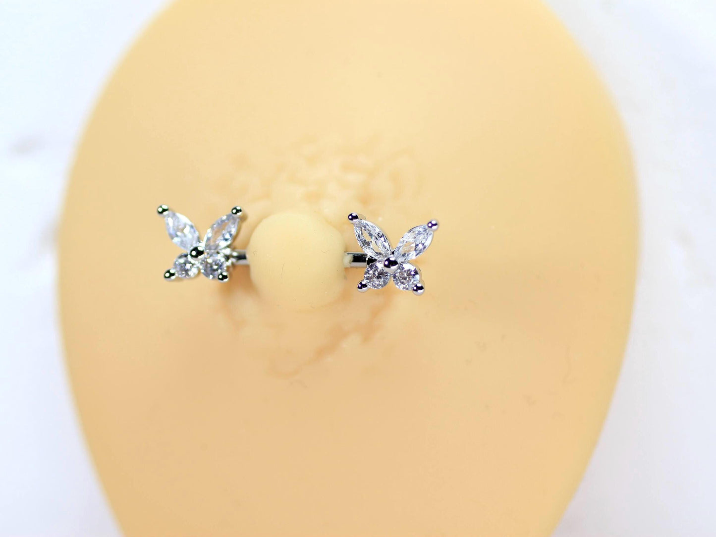 Silver Butterfly Nipple Ring, Dainty Marquise Gem Butterfly Nipple Piercing Barbell, 14g Nipple Ring, Surgical Steel Body Jewelry.