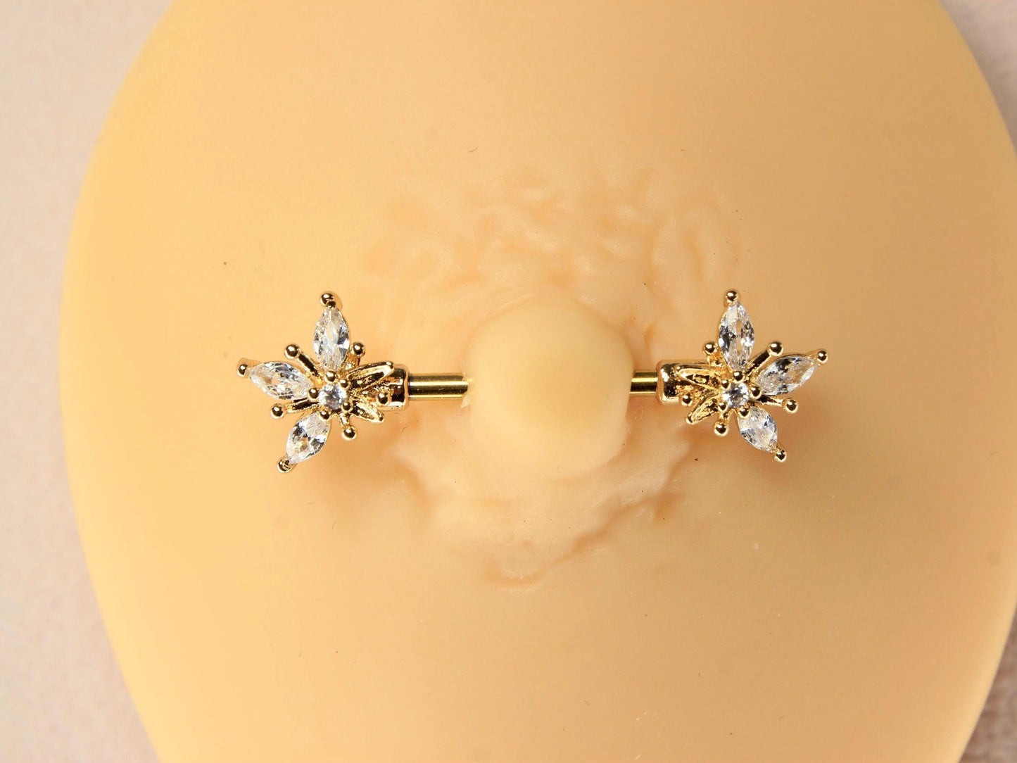 14G Gold Marquise Leaf Nipple Barbell, Pair of Floral Petal End Clear Gem Gold Nipple Piercing Jewelry, Body Piercing Jewelry,