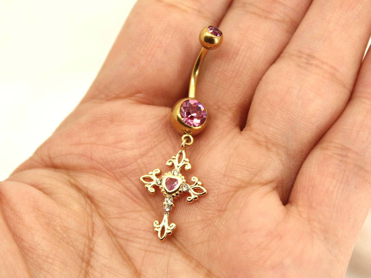 Cross Dangle Belly Ring, Hot Pink Gem Gold Dangling Cross Belly Button Ring Piercing Jewelry, Navel Ring Body Jewelry