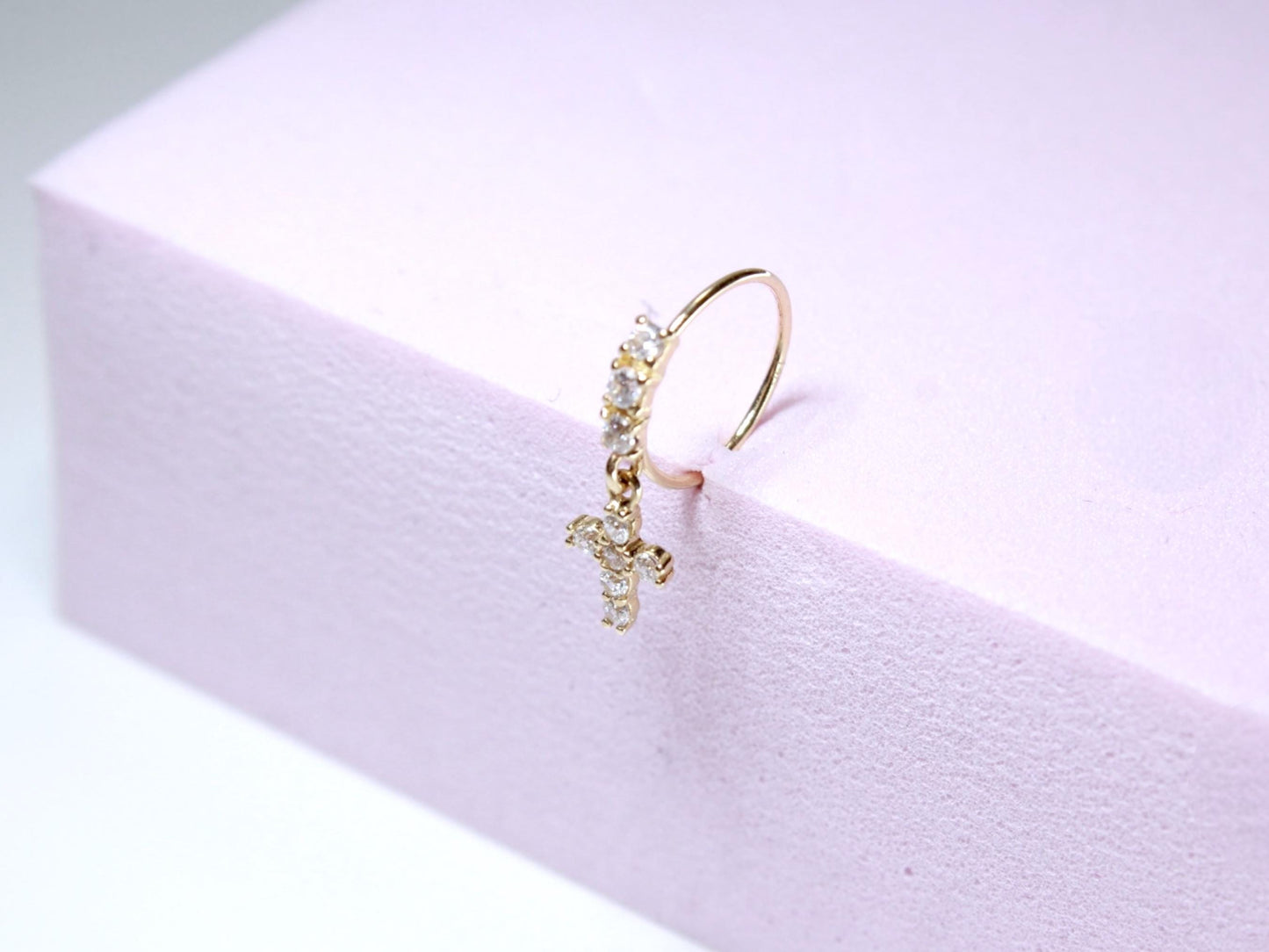 14K Gold Cross Nose Ring, 20g Dangling Cross CZ Nose Hoop Ring Jewelry, Dainty Bendable Nose Piercing Jewelry, Solid Gold Jewelry