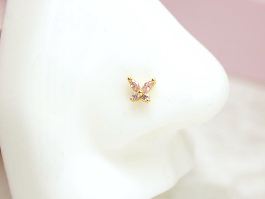 New • Dainty Butterfly Nose Stud, Pink Gemstone Butterfly Nose Stud Ring, 20g Nose Piercing Jewelry, Butterfly Nose Bone Stud Jewelry.