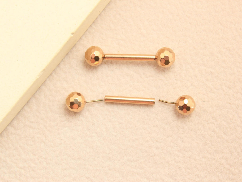 Rosegold Titanium Nipple Barbell, 14G Disco Ball End Threadless Push In Nipple Ring Jewelry,Pair of 2 Nipple Piercing, Push In Body Jewelry