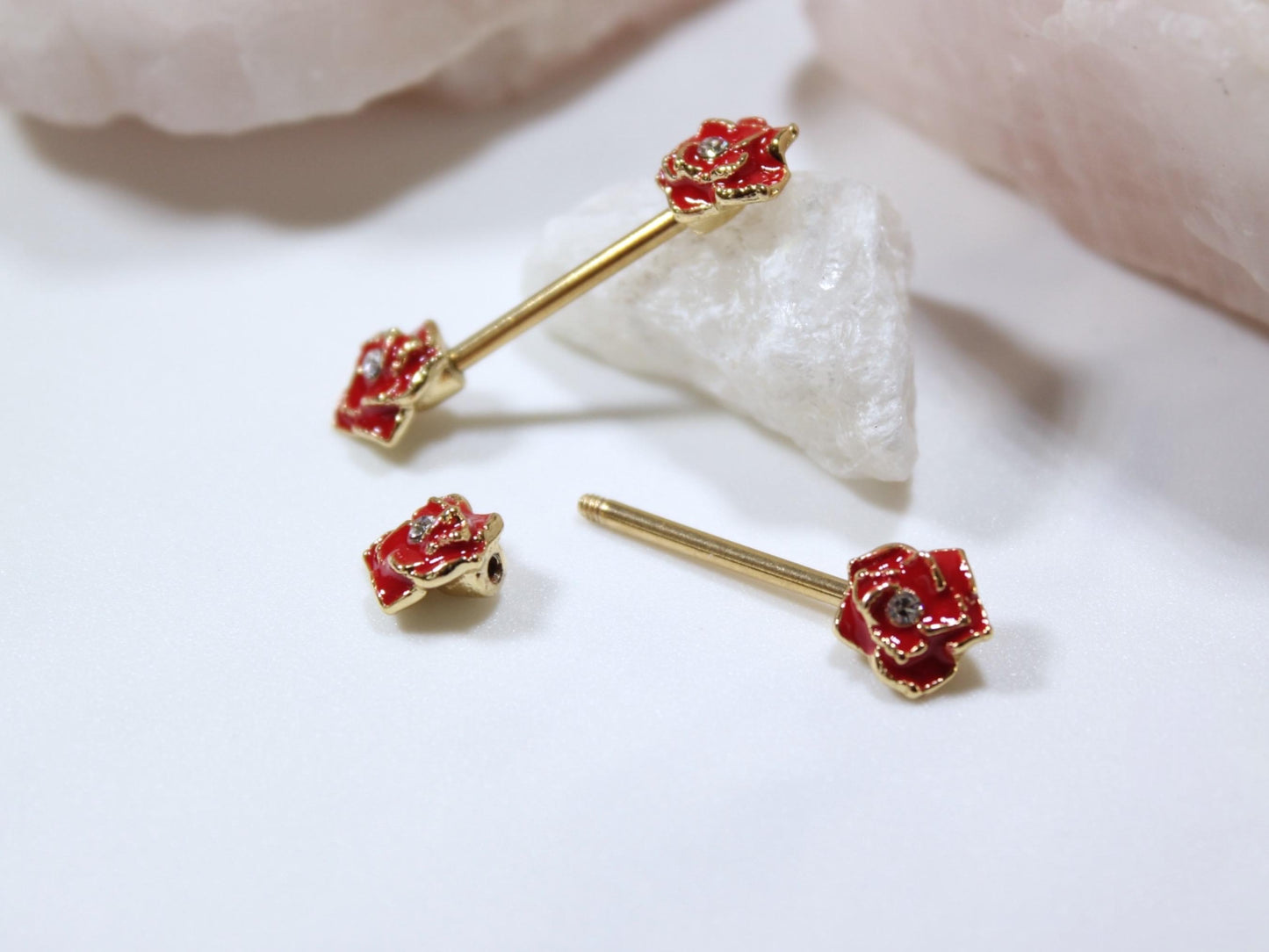 Red Rose Nipple Barbell Jewelry, 14g Rose Nipple Ring, Floral Nipple Piercing Jewelry, Personalized Body Jewelry