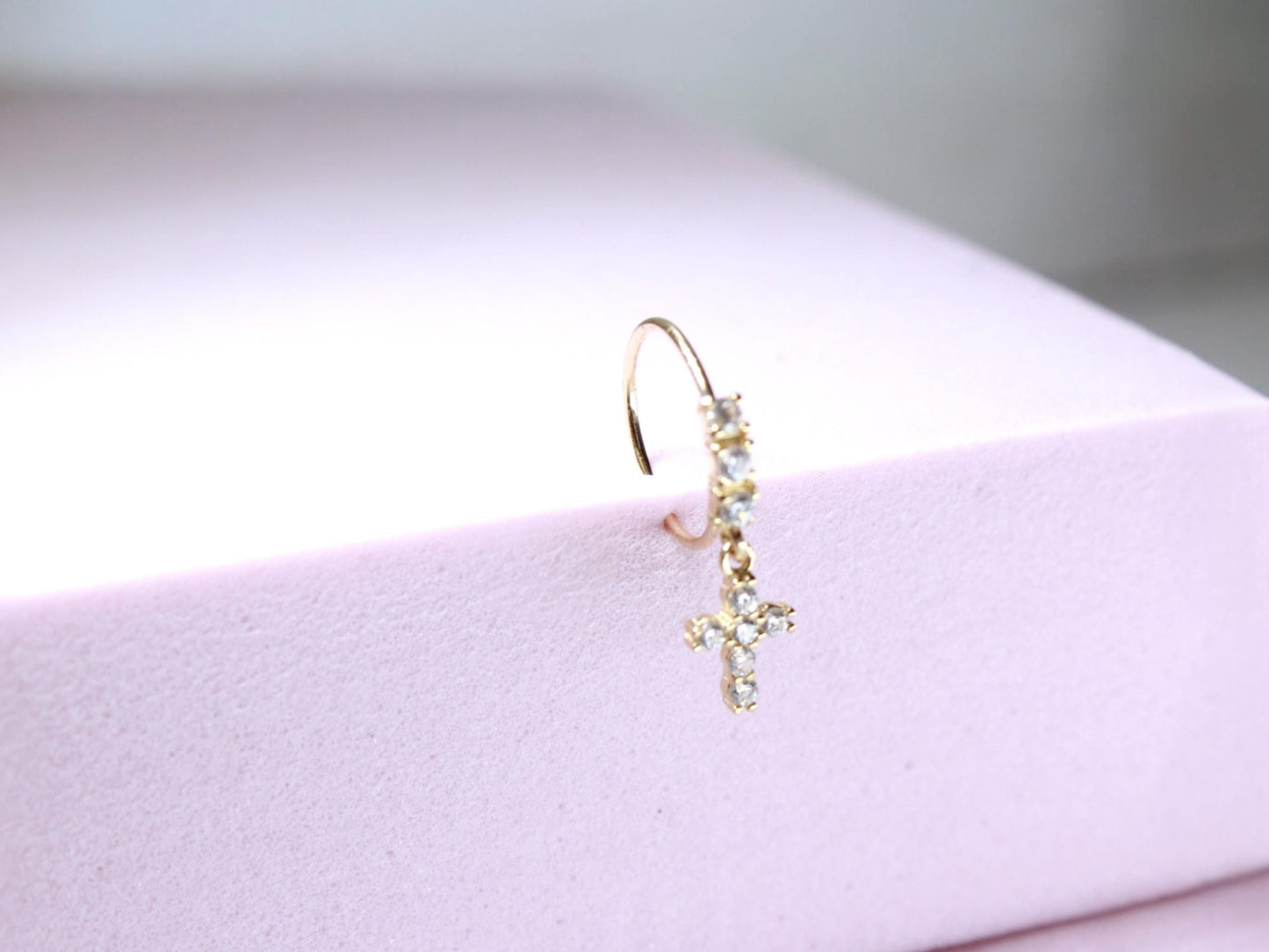 14K Gold Cross Nose Ring, 20g Dangling Cross CZ Nose Hoop Ring Jewelry, Dainty Bendable Nose Piercing Jewelry, Solid Gold Jewelry