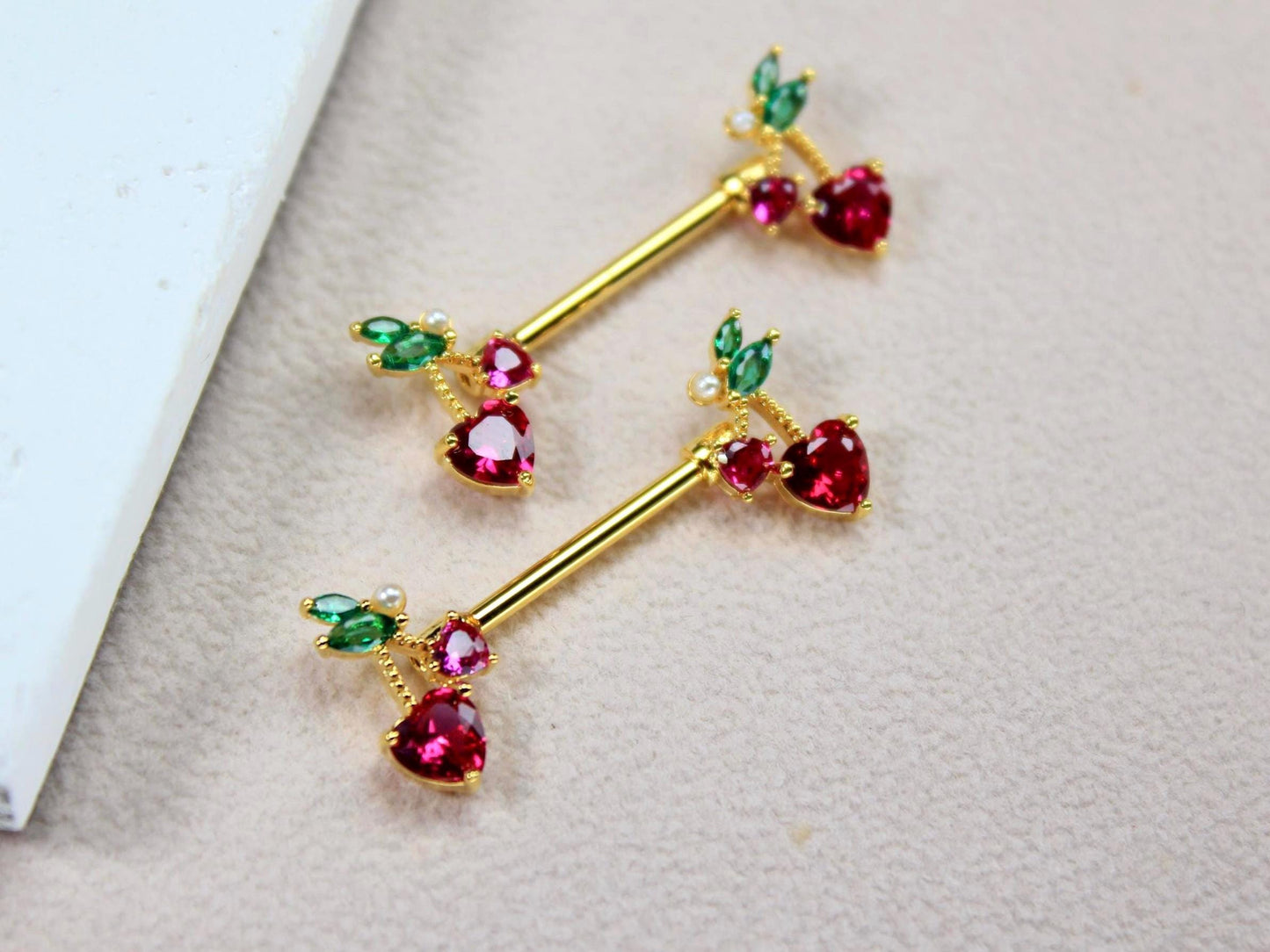 14g Gold Nipple Barbell, Cherry Heart Drop Charm Nipple Piercing, Body Jewelry