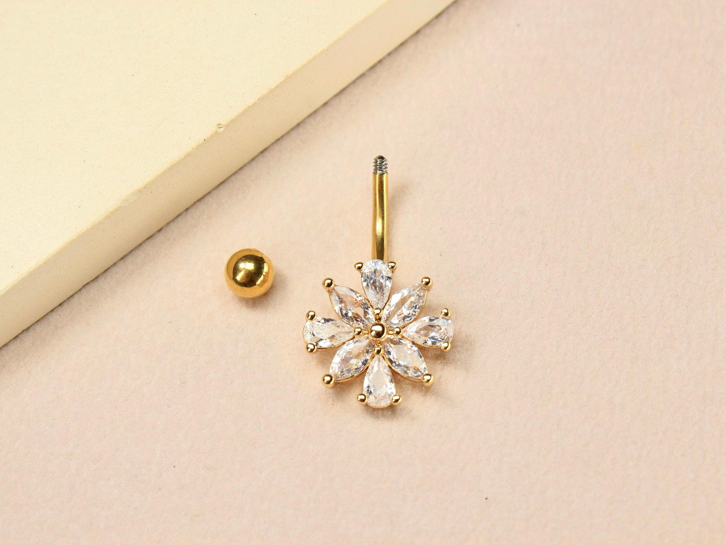 14G Gold CZ Floral Belly Button Ring – Minimalist Flower Navel Piercing