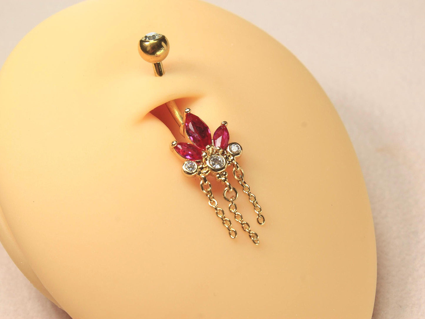 Floral Dangling Belly Button Ring, 14g Dainty Petal Chain Decor Pink Marquise Gemstone Belly Ring Piercing Jewelry, Gold Navel Piercing