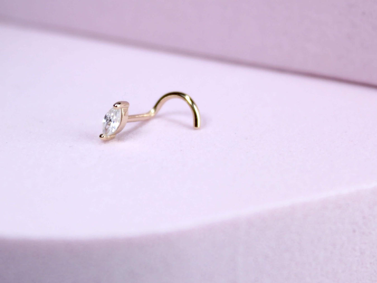 14K Gold Marquise Nose Stud, 20g Dainty Crystal Gold Nose Screw Jewelry, Minimalist Corkscrew Nose Piercing Jewelry, Gold Jewelry