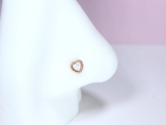 Rose Gold Heart Nose Stud, 20G Dainty White Opal Glitter Nose Bone Stud, Ball End Nose Piercing, Thin Nose Stud,  Nose Ring Jewelry