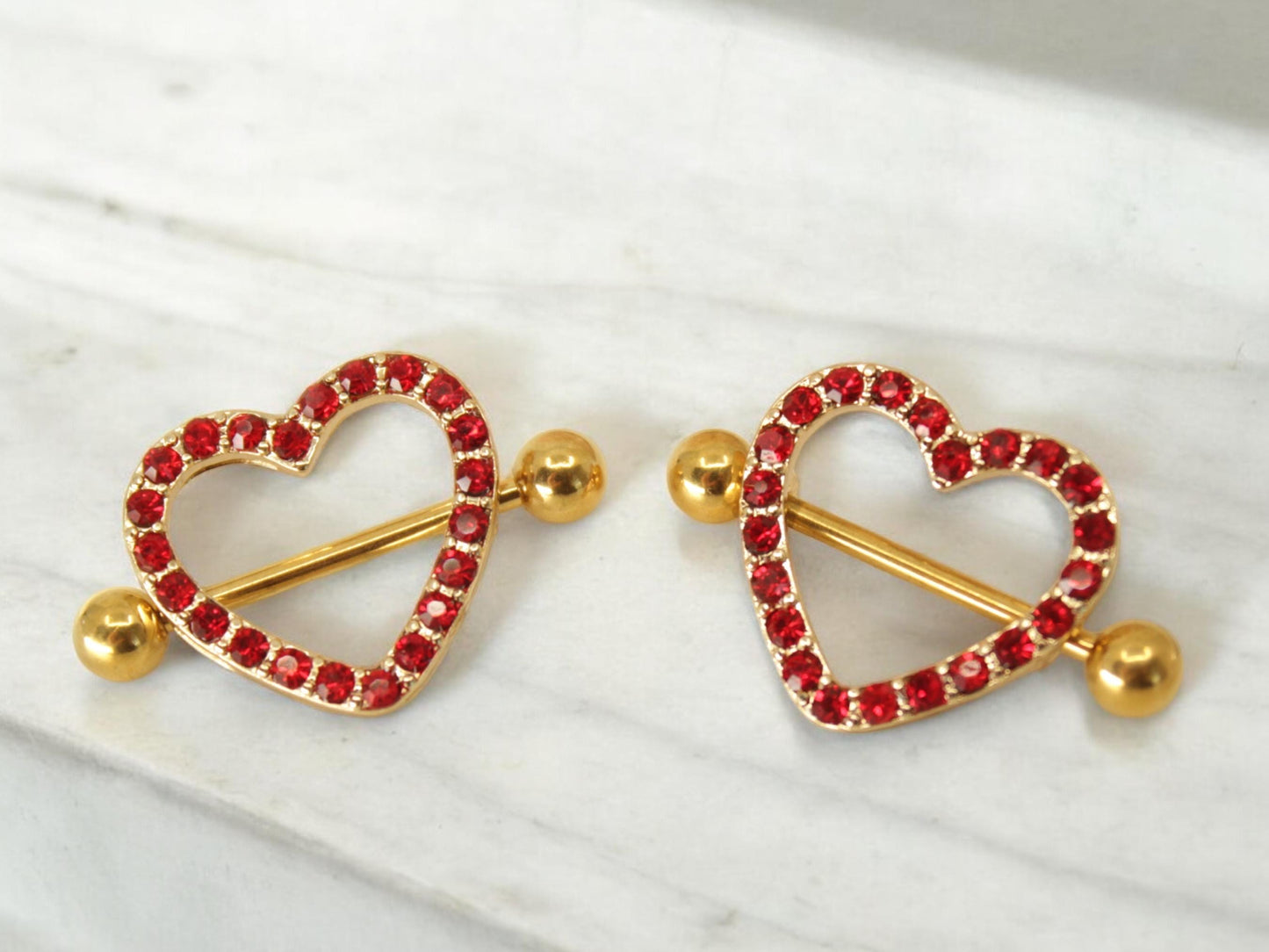 14g Red Heart Nipple Barbell, Gold Red Heart Sparkling Gems Nipple Shield Piercing Jewelry, Nipple Ring Body Piercing Jewelry,Valentine Gift