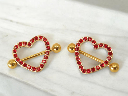 14g Red Heart Nipple Barbell, Gold Red Heart Sparkling Gems Nipple Shield Piercing Jewelry, Nipple Ring Body Piercing Jewelry,Valentine Gift