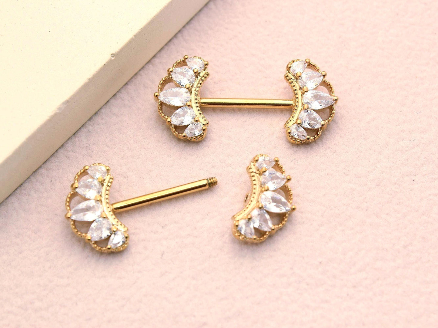 14g Gold Nipple Barbell, CZ Paved Floral Petal Leaf Nipple Ring Jewelry, Pair of Leaf Nipple Piercing Jewelry, Gold Body Piercing Jewelry