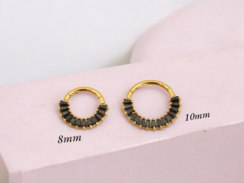 Titanium Black Septum Clicker Ring, Black Marquise Front Facing Gem Hinged Segment Septum Ring, 16g Septum Piercing Jewelry, Nose Jewelry