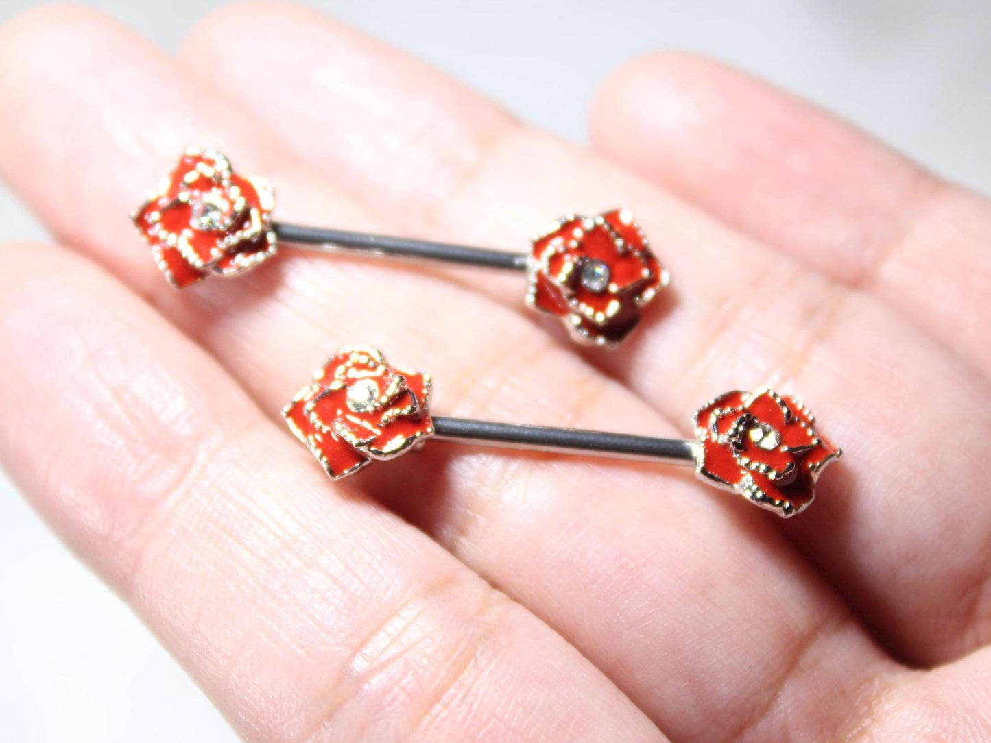 Red Rose Nipple Barbell Jewelry, 14g Rose Nipple Ring, Floral Nipple Piercing Jewelry, Personalized Body Jewelry