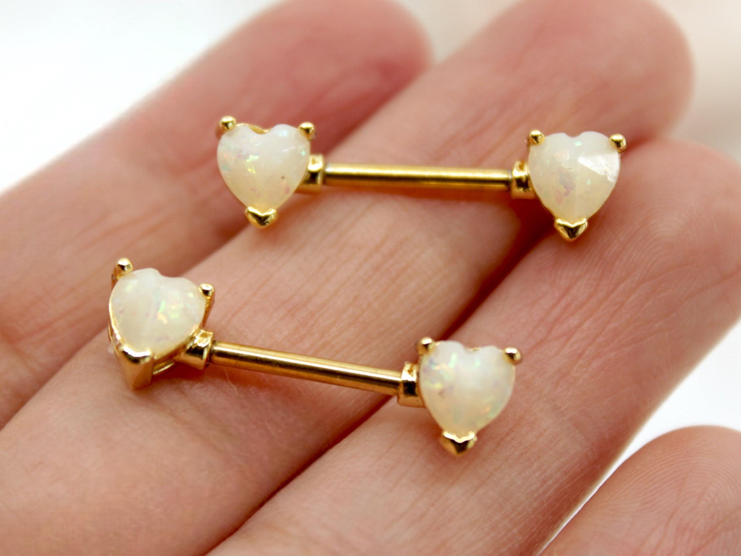 White Opal Heart Nipple Ring, Pair of Gold White Glitter Nipple Piercing Jewelry, 14g Gold Body Piercing Jewelry, Surgical Steel Jewelry