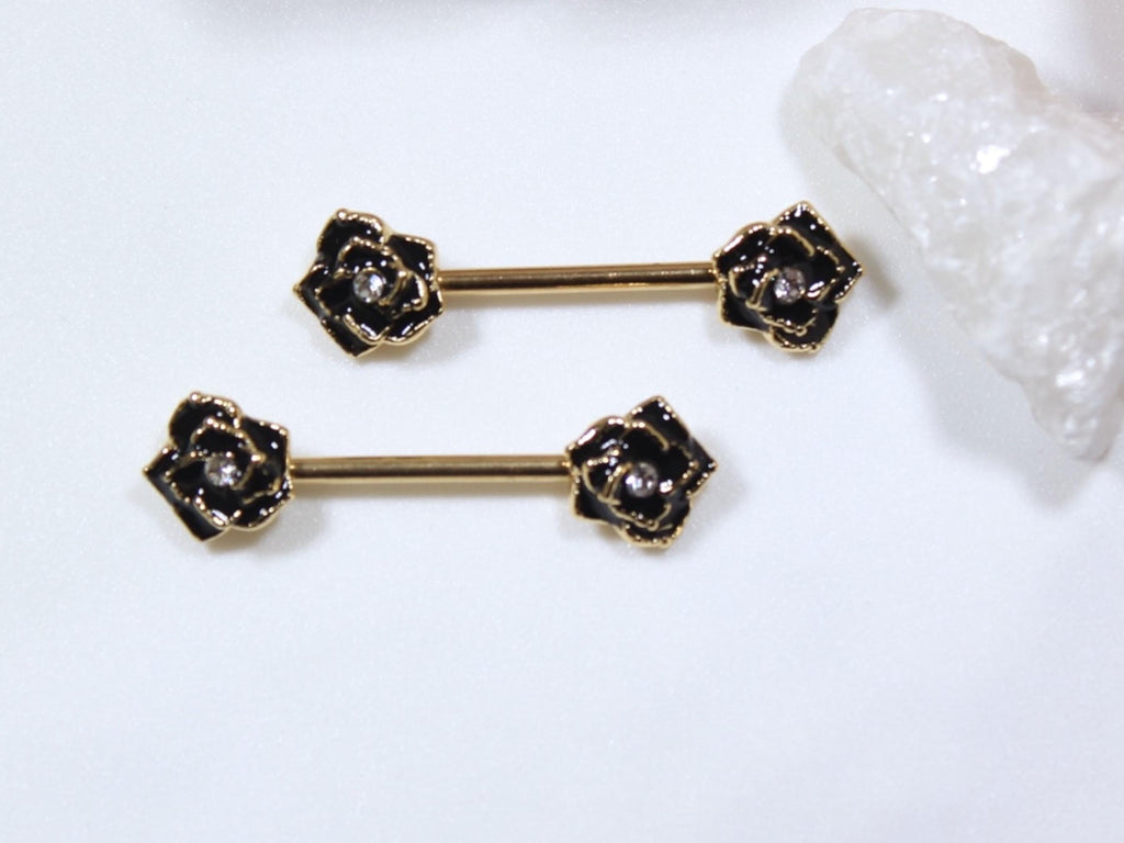 Black Rose Nipple Barbell Jewelry, 14g Rose Nipple Ring, Floral Nipple Piercing Jewelry, Personalized Body Jewelry