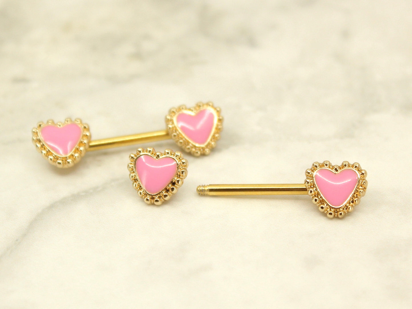 NEW • Pink Heart Nipple Barbell, 14g Gold Pink heart Nipple Ring Jewelry, Body Piercing Jewelry, Set of 2 Nipple Jewelry