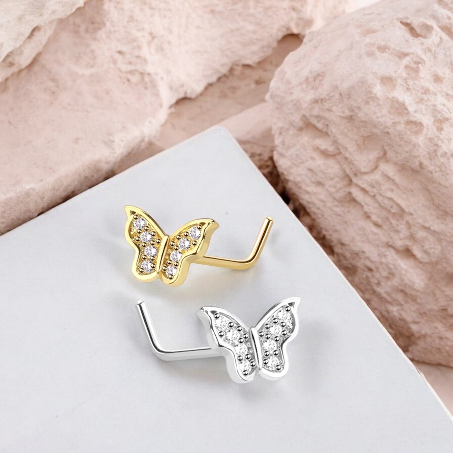 Gold Butterfly Nose Stud, 20g Dainty CZ Decor Butterfly Nose Piercing Body Jewelry, L shape Nose Piercing Ring, Thin Nose Stud Jewelry.