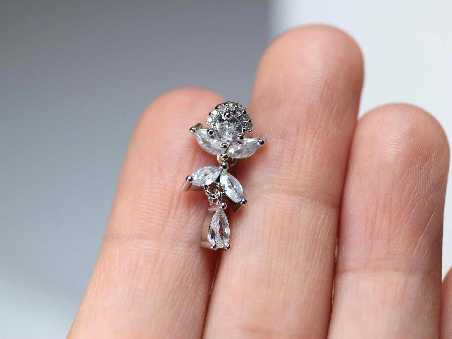 Implant Grade Titanium Belly Button Ring,14g Silver Floral Top Down Inverted Belly Ring,Dangling Navel Piercing, Hypoallergenic Body Jewelry