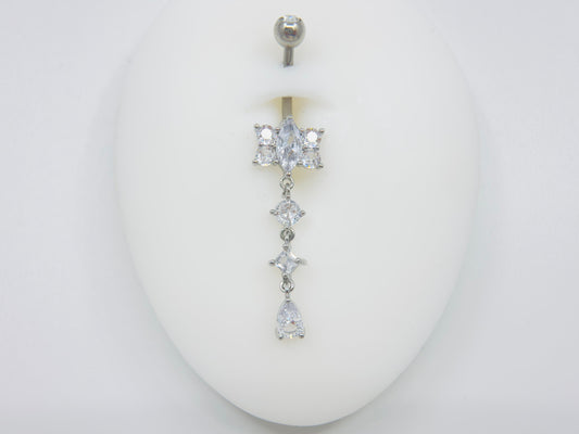14G Silver CZ Floral Dangling Belly Button Ring