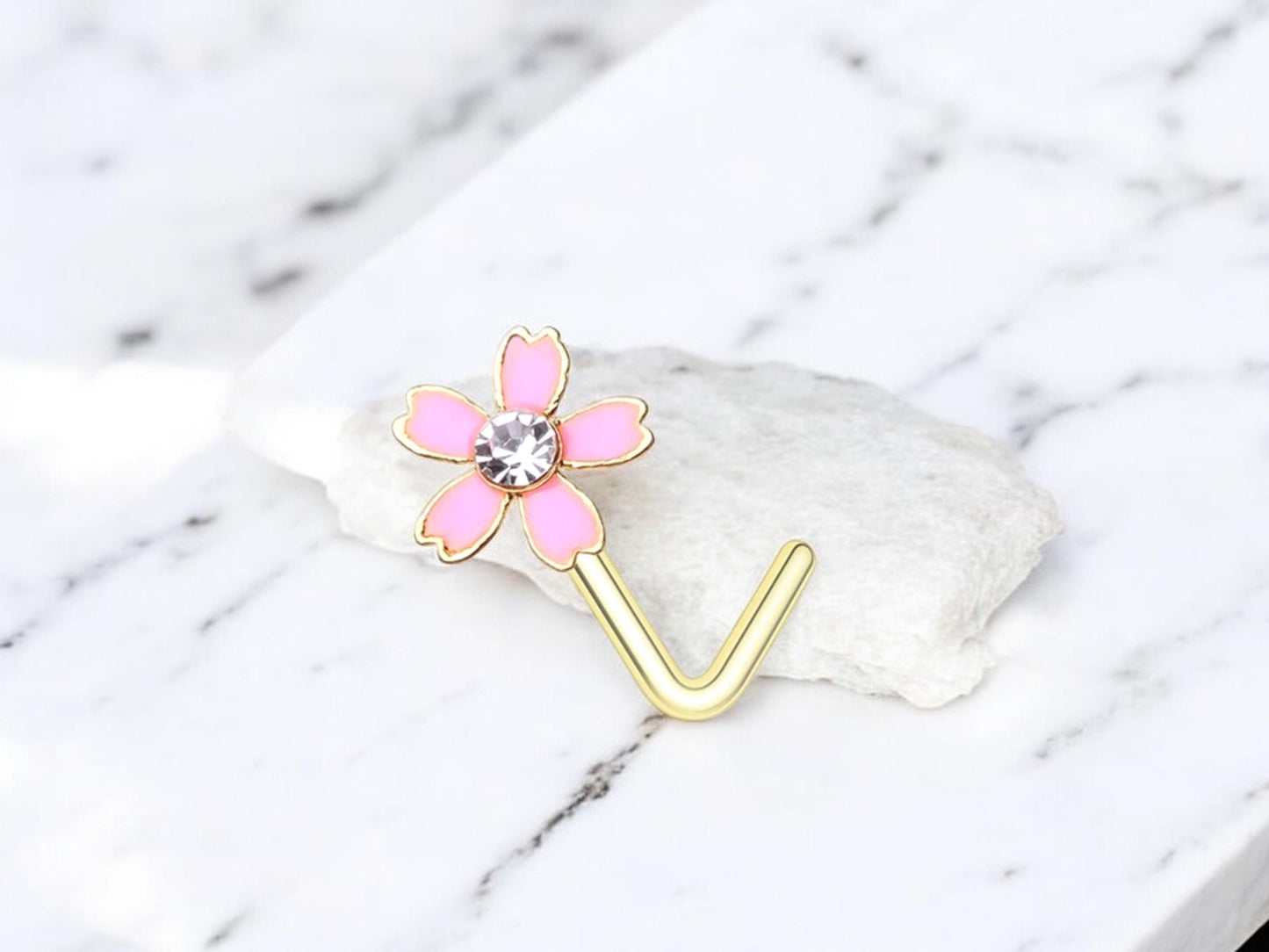 Dainty Flower Nose Stud,  Pink Floral Decor Nose Ring Piercing Jewelry, L shape Nose Piercing Ring, 20g Thin Nose Stud Jewelry