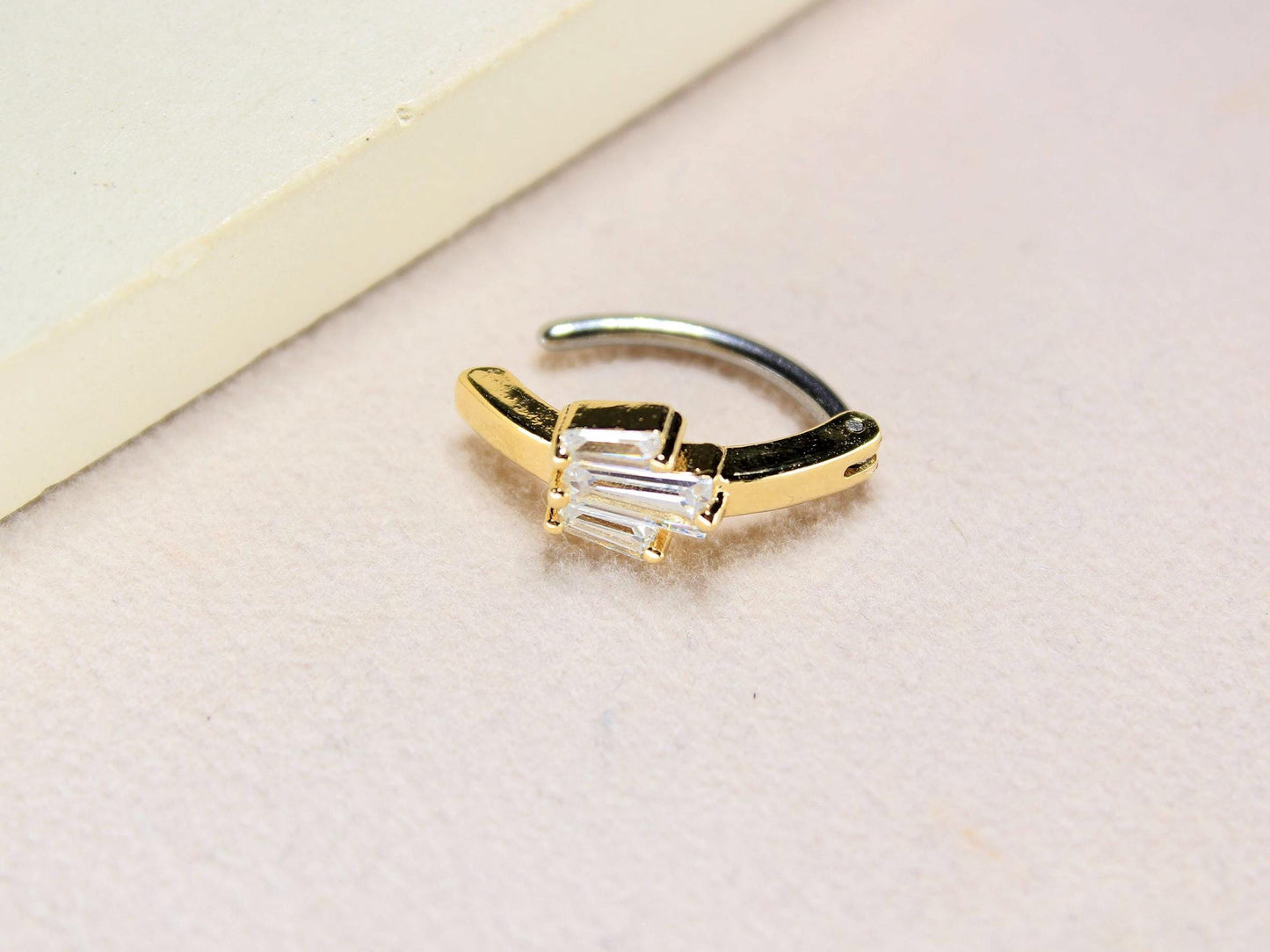 Gold Belly Clicker Ring, 14G Baguette Gem Decor Belly Hinged Ring, Dainty Navel Piercing Body Jewelry
