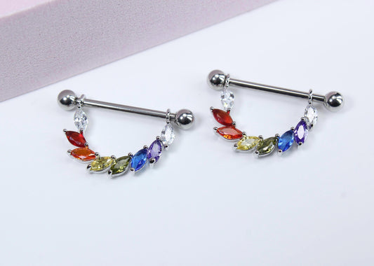 Rainbow Nipple Ring, Multicolor Marquise Vine Floral Decor Floral Nipple Piercing Jewelry, set of 2, 14g Body Piercing Nipple Ring Jewelry
