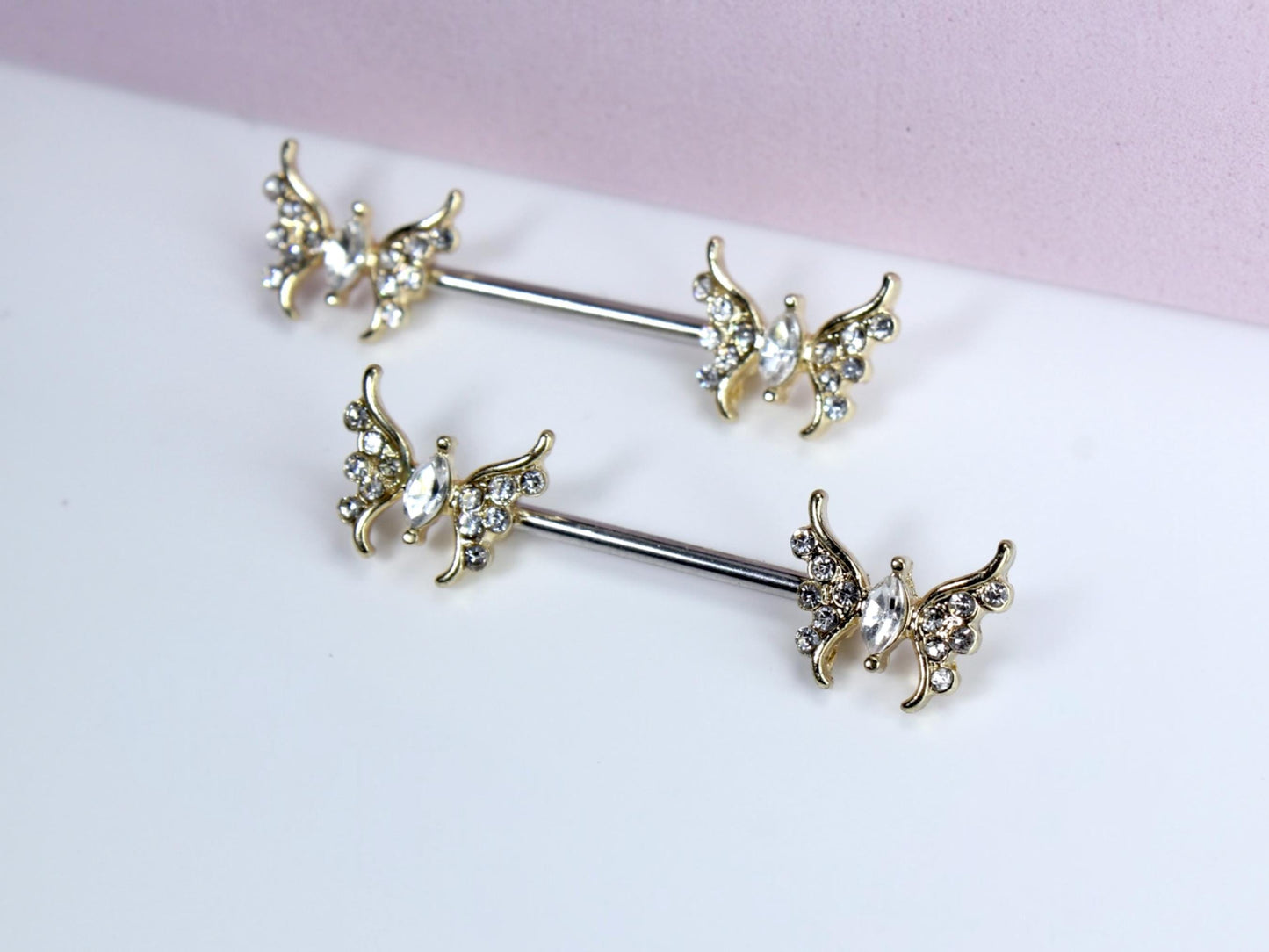 14G Gold Butterfly Nipple Barbell Jewelry, Pair of Sparkling Butterfly Nipple Ring Piercing, Nipple Piercing Jewelry, Customized Nipple Ring