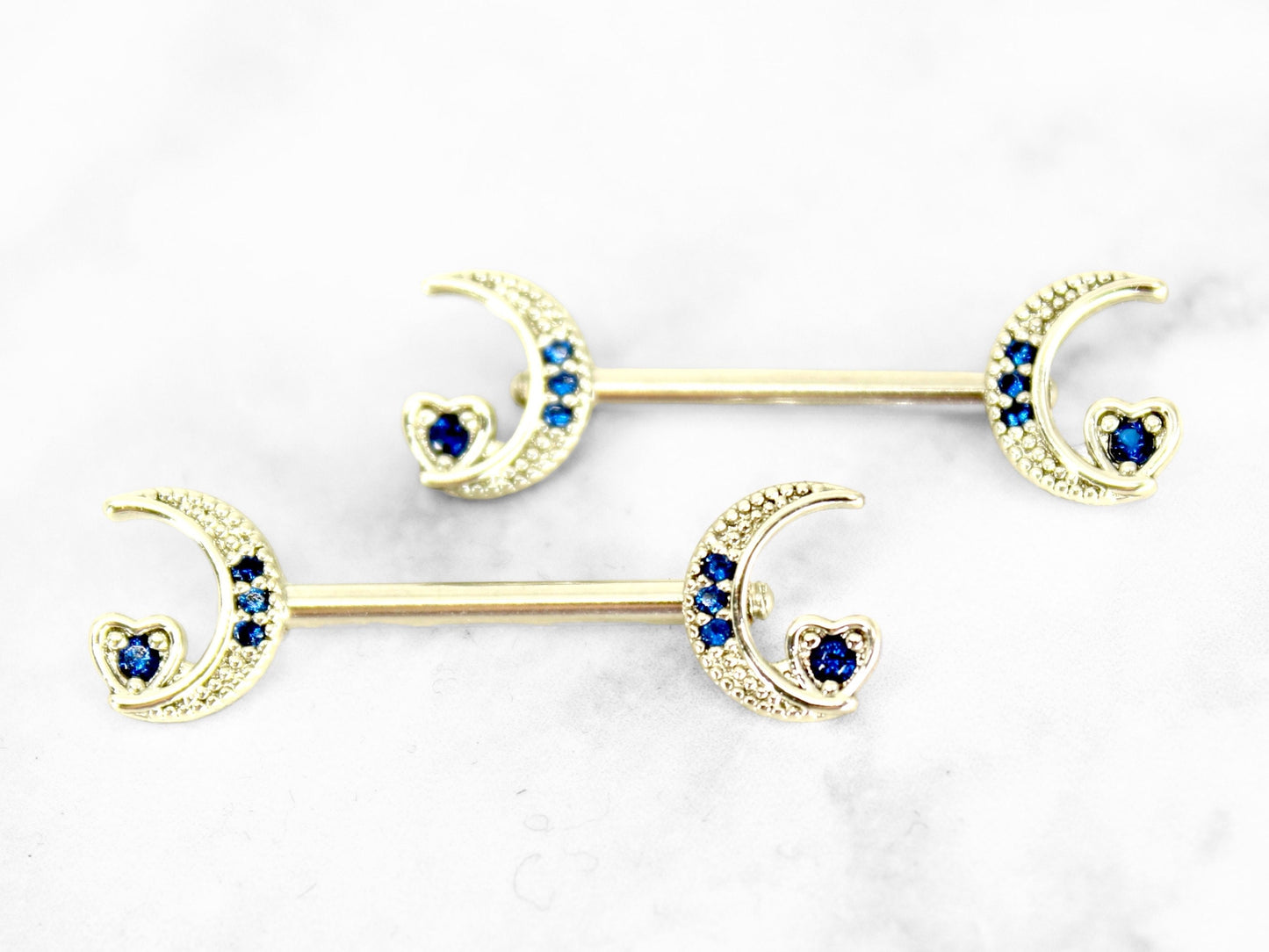 Crescent Moon Nipple Ring, Blue Sapphire Gem Crescent Moon & Heart Nipple Piercing Jewelry Barbell, 14g Nipple Ring Body Jewelry