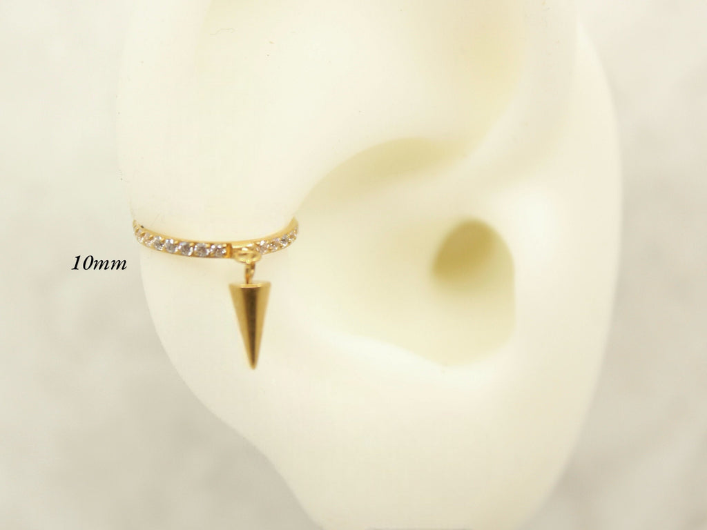 Gold Spike Dangle Hoop Ring, CZ Conch Hoop Clicker Ring, Conch Piercing Hoop Ring, Titanium Septum Daith Cartilage Piercing Earring