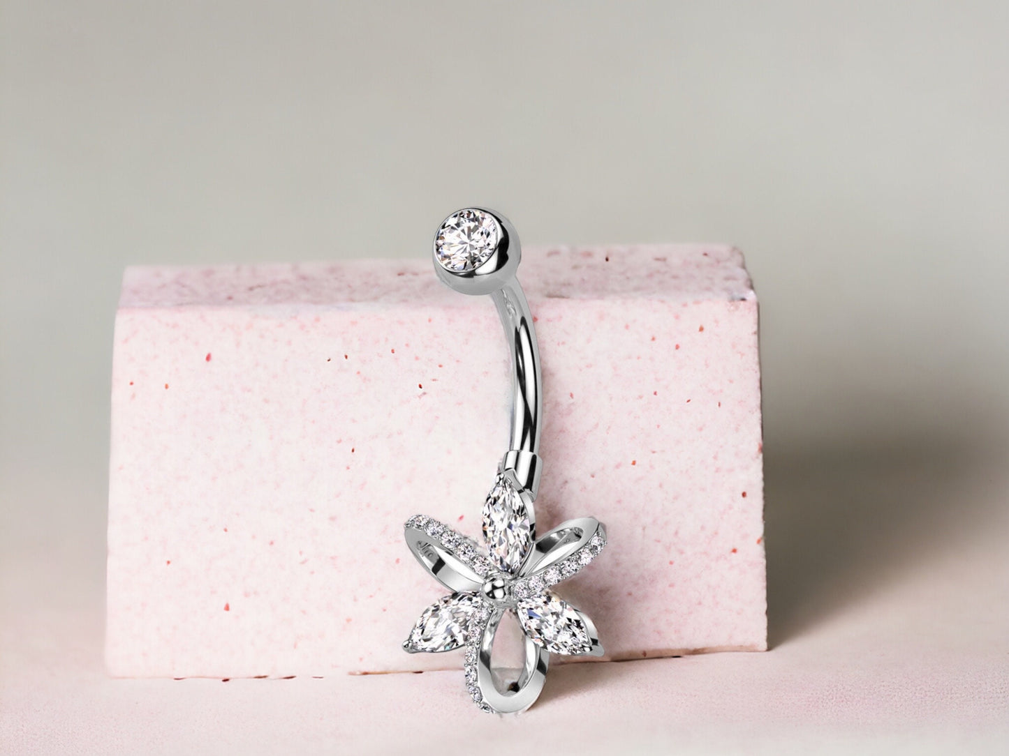 14G Silver Marquise Petals Belly Button Ring Beautiful Floral Decor Non Dangle Belly Button Ring Piercing Jewelry