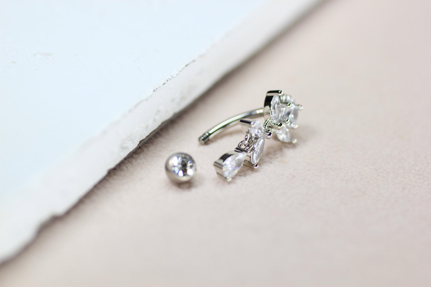 Implant Grade Titanium Belly Button Ring,14g Silver Floral Top Down Inverted Belly Ring,Dangling Navel Piercing, Hypoallergenic Body Jewelry