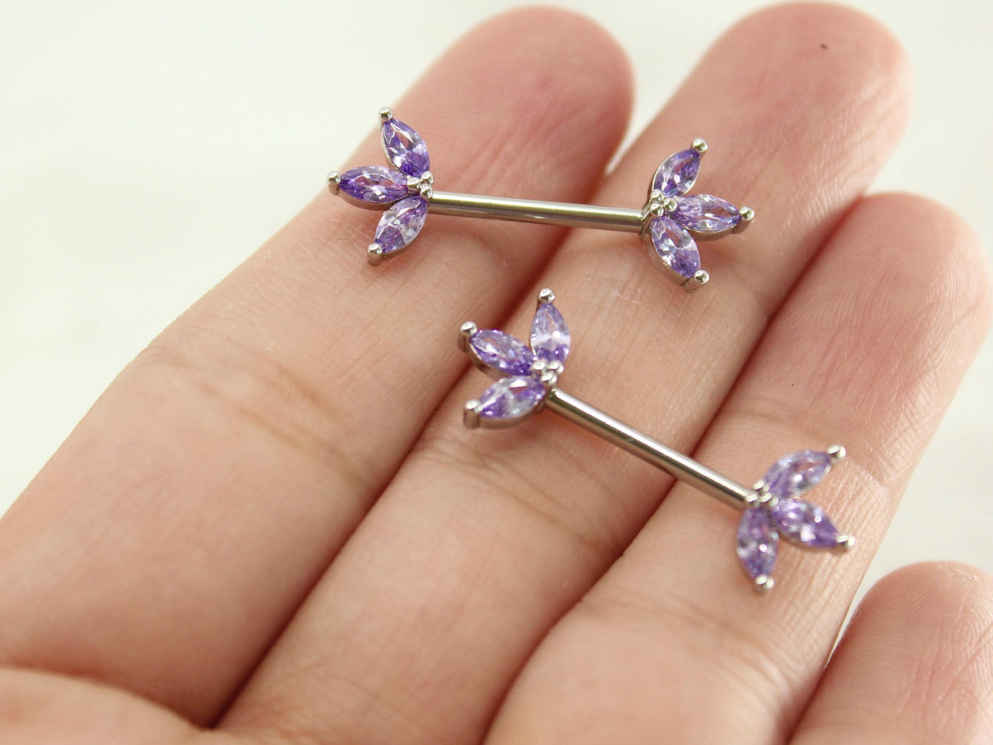 14G Purple Lotus Leaf Nipple Barbell,  Floral Petals Marquise Gem Silver Nipple Piercing Ring, Body Piercing Jewelry.