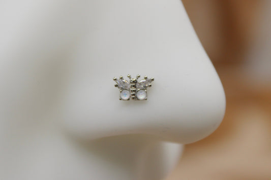 Opal Butterfly Nose Stud, White Opal Cute Dainty Butterfly Top Nose Piercing Jewelry, Nose Bone Stud, 20g Nose Stud Ring