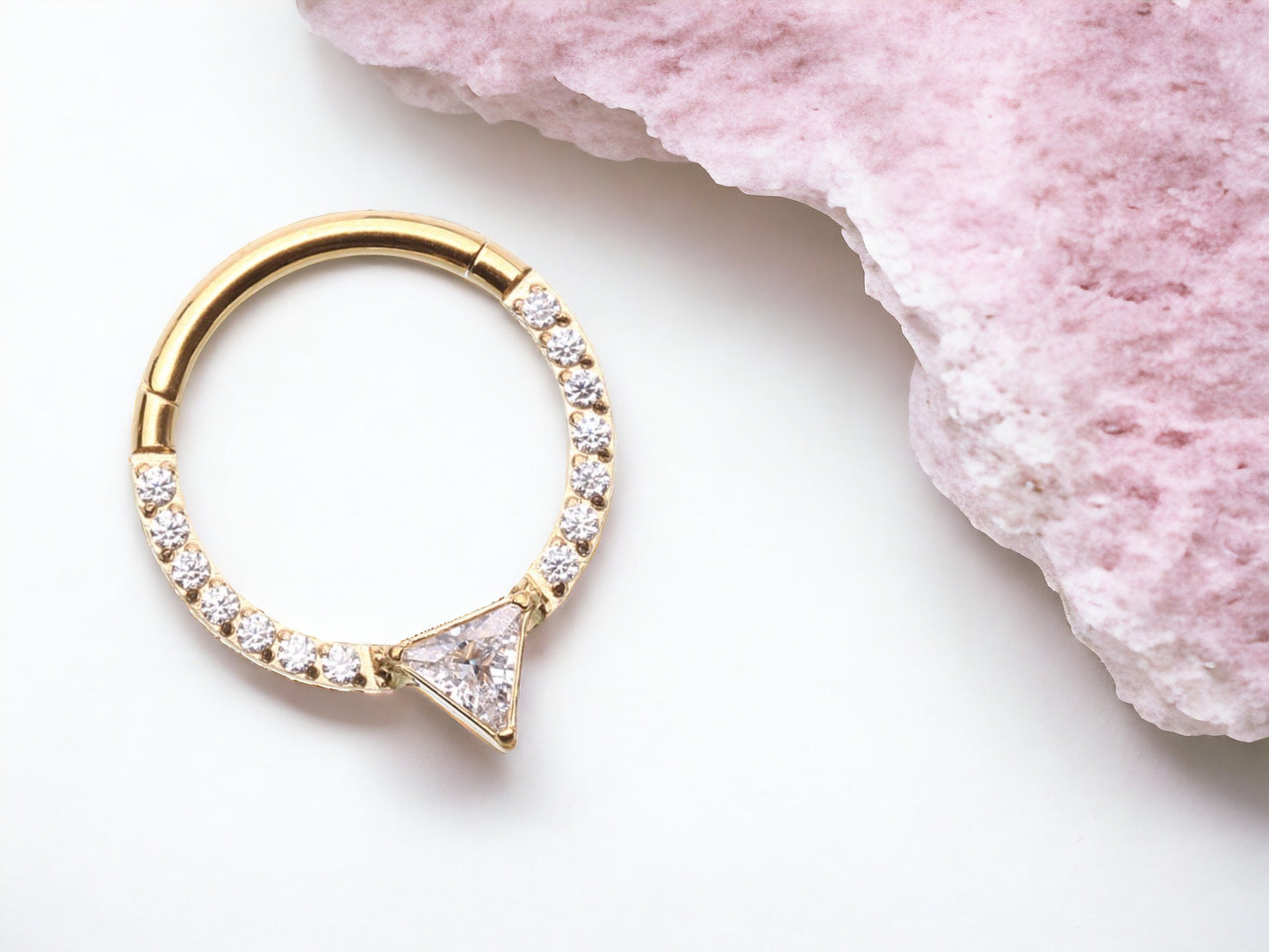 16g Gold CZ Sparkling Multi-Gem Septum Ring. V cut shaped clicker hoop ring. Clear Gem Seamless Septum Ring.