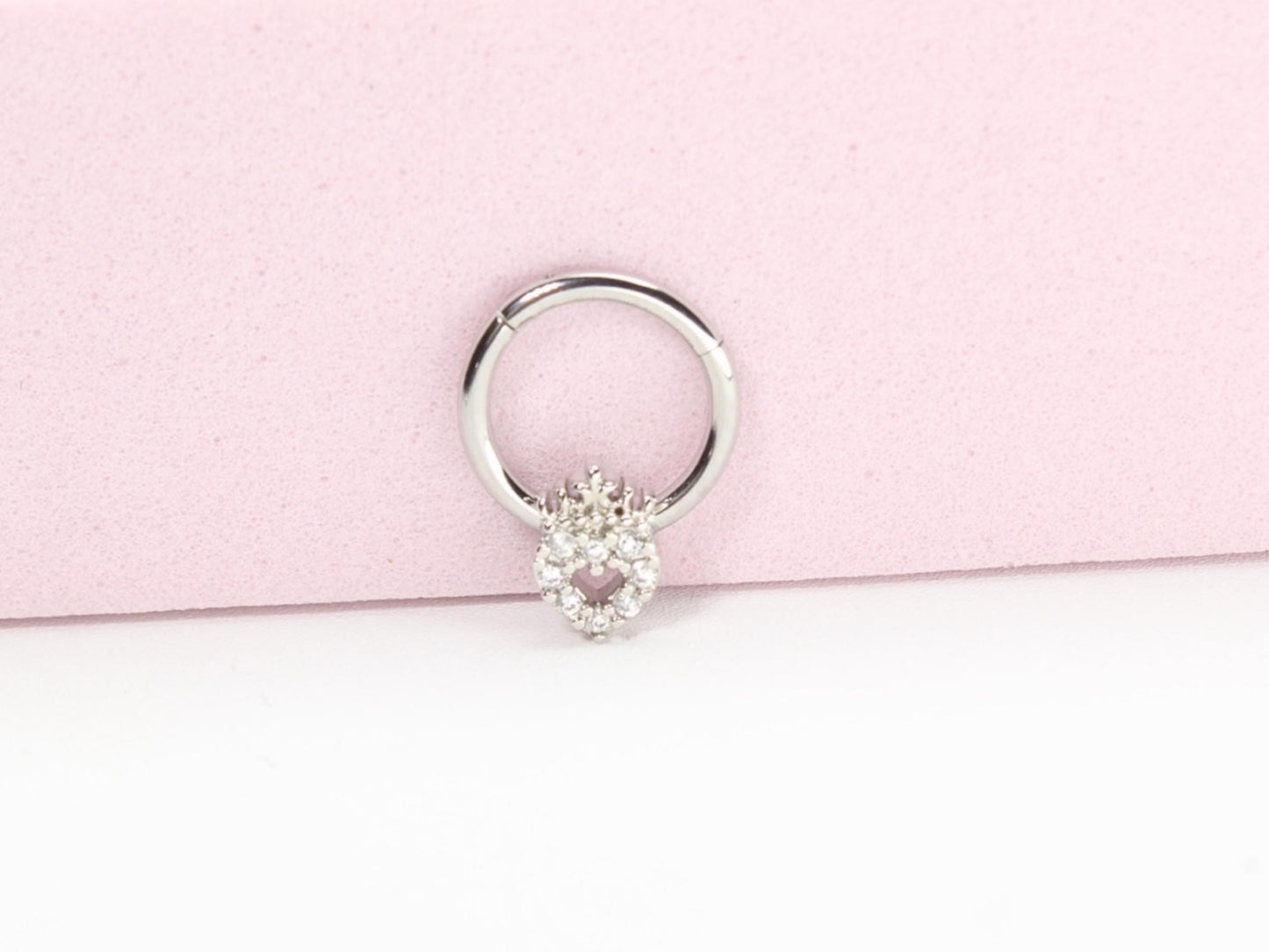 16g Heart Septum Clicker Ring Hoop, Dainty Sparkling Gems Septum Piercing Ring, Nose Jewelry, Septum Clicker Ring, Silver Septum Jewelry