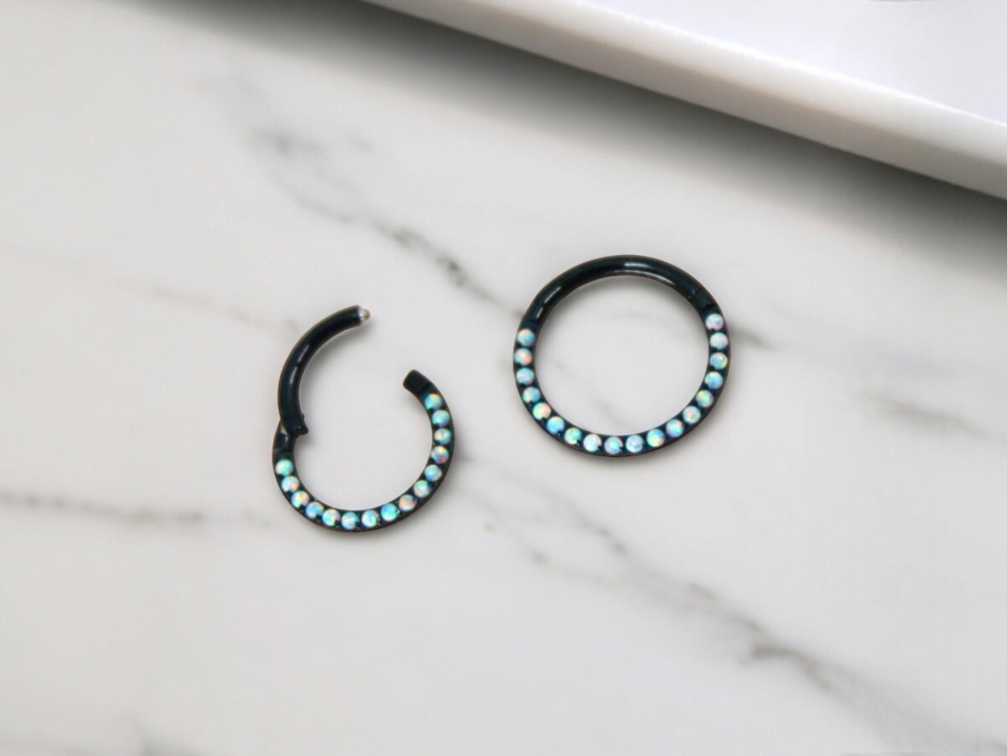 16g White Opal Titanium Septum Piercing Hoop Ring, White Opal Gem Black Hoop Ring, Daith Cartilage Septum Nose Ring Piercing Jewelry