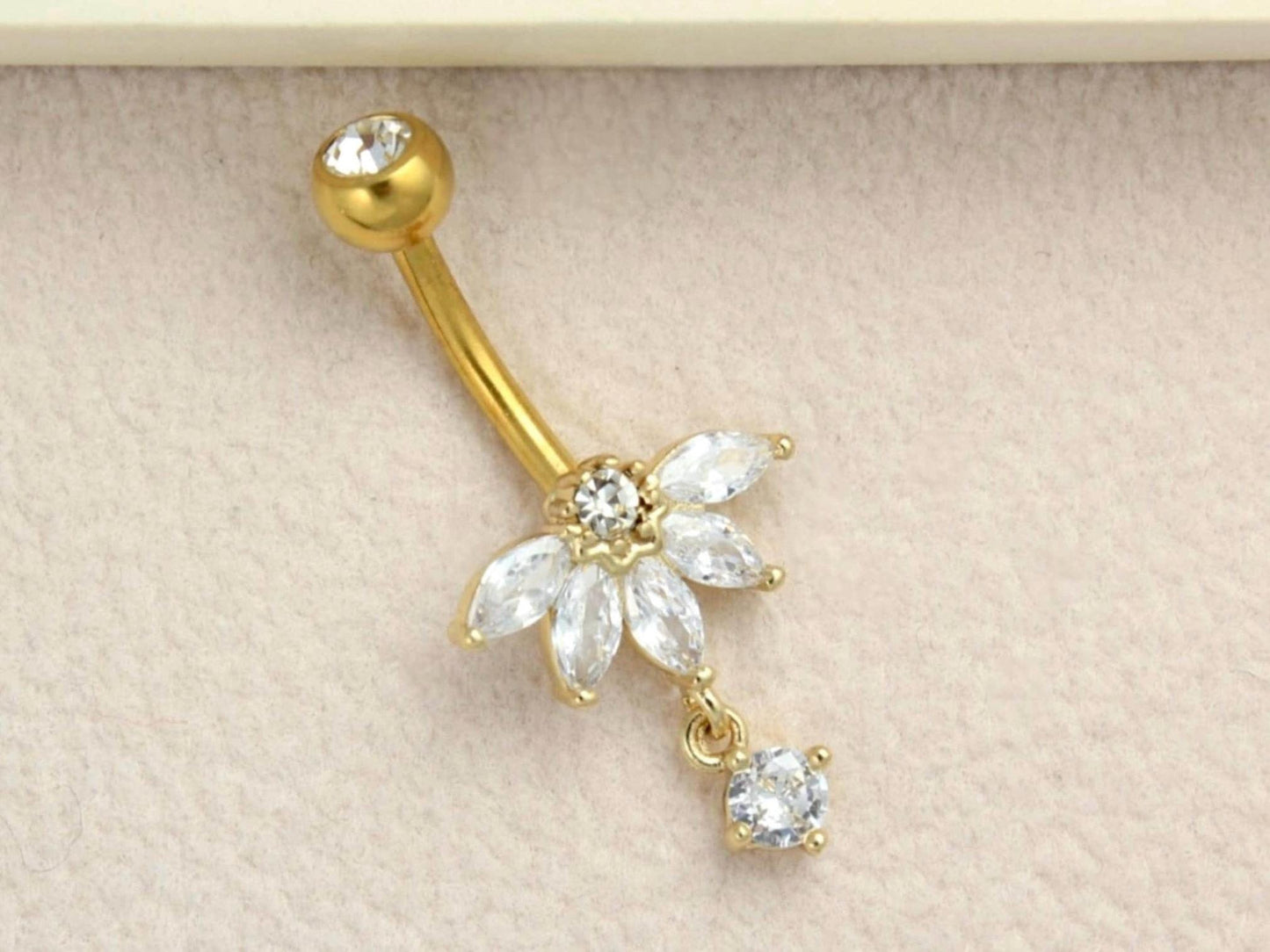 Gold Floral CZ Dangling Belly Button Ring