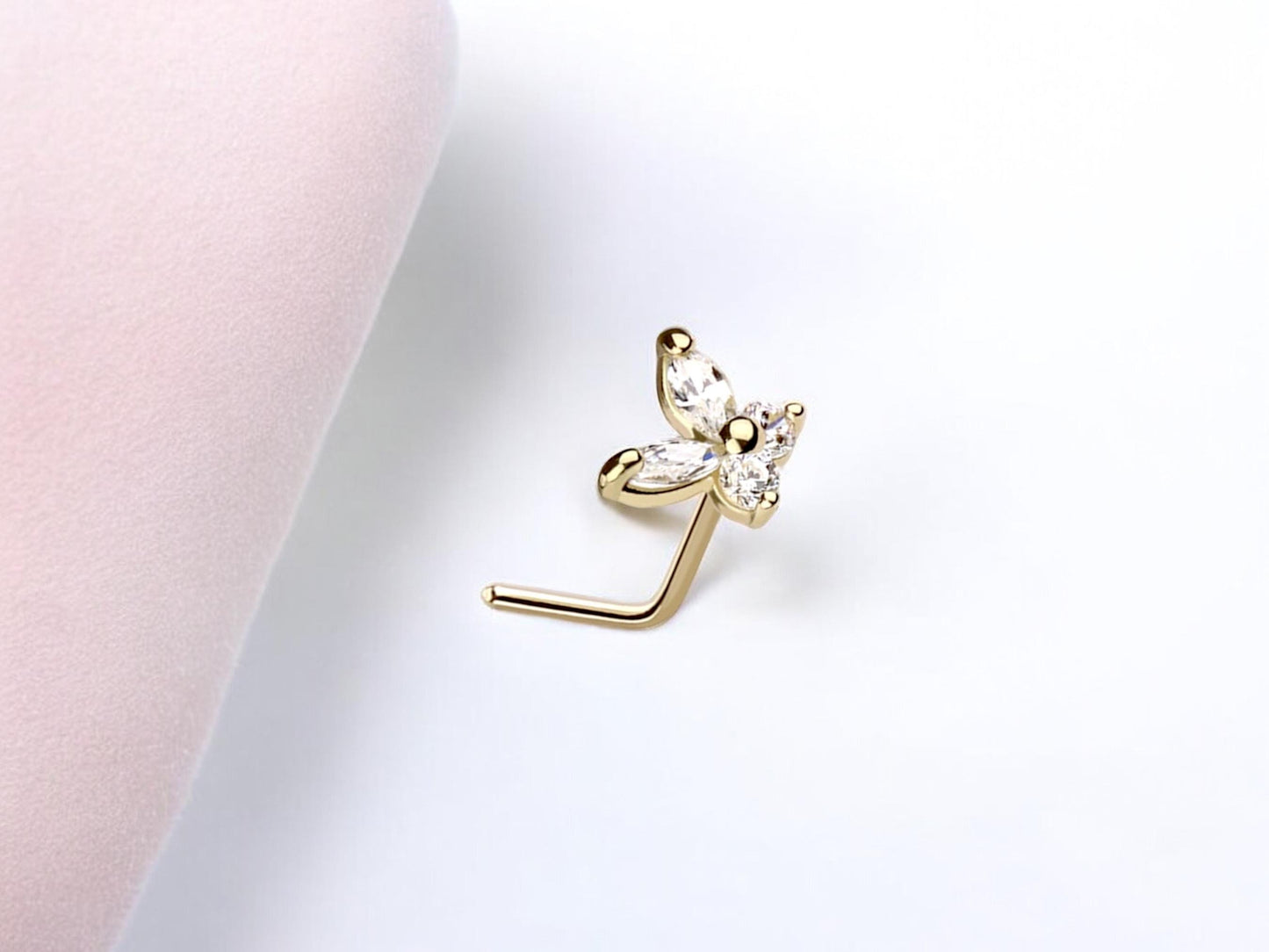 14K Gold Butterfly Nose Stud, 20g Dainty Crystal Butterfly L Shape Nose Stud, Gold Nose Jewelry, Minimalist Nose Piercing Ring Jewelry