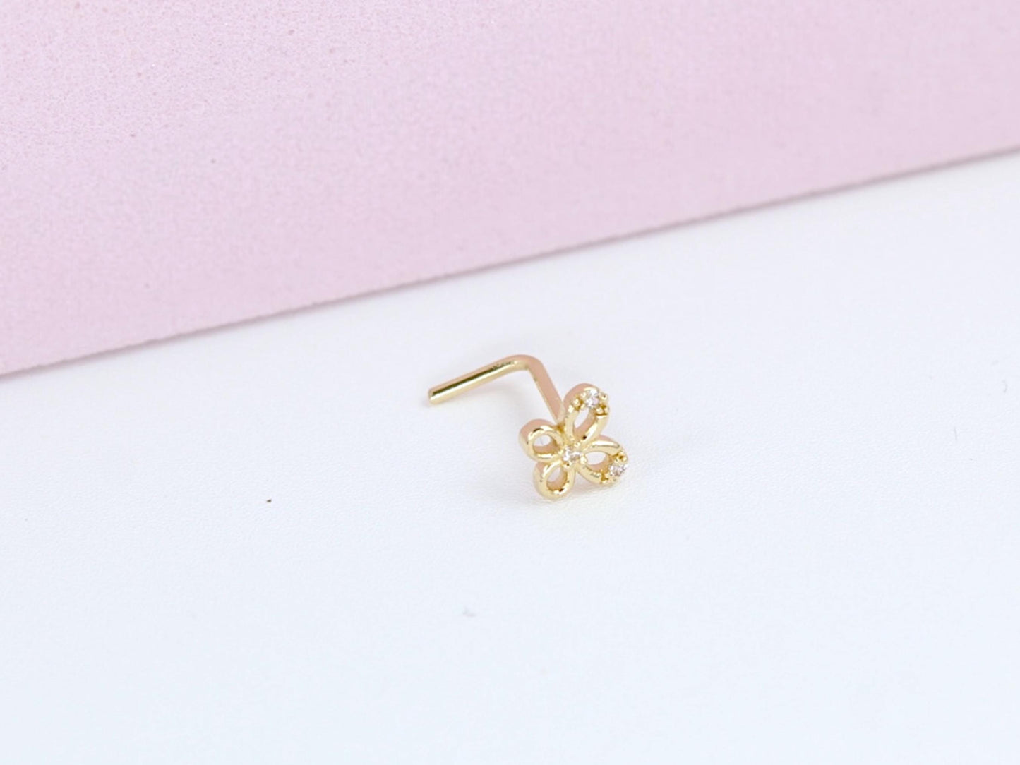 14K Solid Gold Butterfly Nose Stud – 20G Dainty L-Shape Sparkling Nose Ring, Minimalist Yellow Gold Nose Piercing Jewelry.