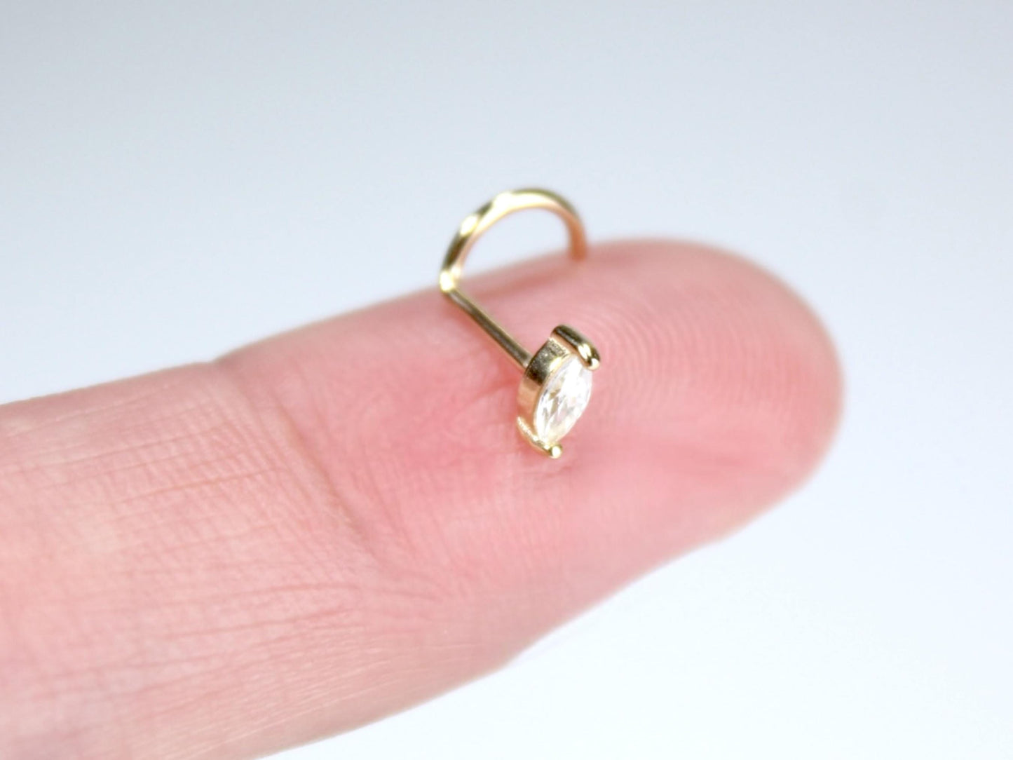 14K Gold Marquise Nose Stud, 20g Dainty Crystal Gold Nose Screw Jewelry, Minimalist Corkscrew Nose Piercing Jewelry, Gold Jewelry