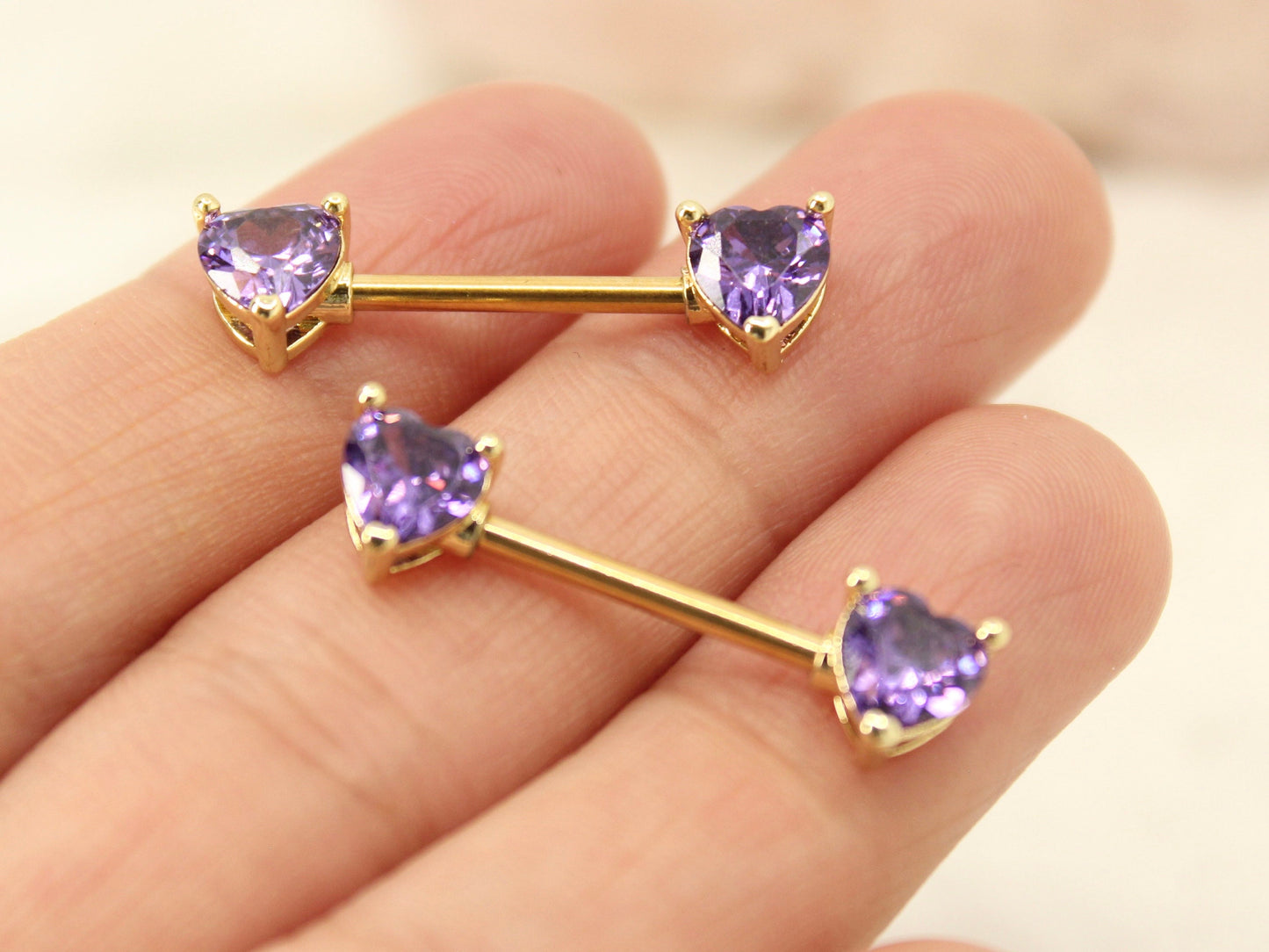14G Purple Heart Nipple Barbell, Gold Purple heart shape Nipple piercing jewelry, Body Piercing Jewelry,